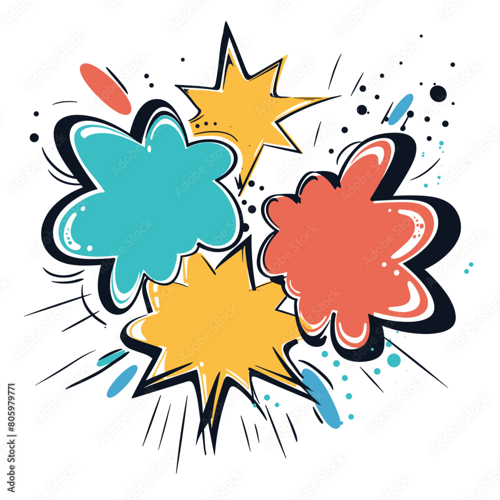 Colorful comic book style explosion speech bubbles. Bright vibrant cartoon pop art exclamations. Dynamic action graphic elements Colorful comic book style explosion speech bubbles. Bright vibrant cartoon pop art exclamations. Dynamic action graphic elements
