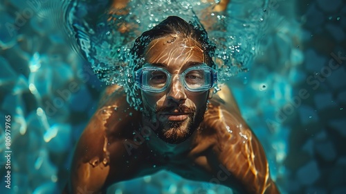 Close-up of a man swimming in the pool, aerial top view of male swimmer swimming in the pool. Use the Butterfly Technique to train professional and determined athletes for championships. Top view shot © Da