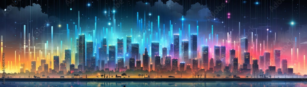 Create an abstract painting of a cityscape at night. The painting should be full of vibrant colors and energy. The city should be depicted as a place of excitement and opportunity. Create an abstract painting of a cityscape at night. The painting should be full of vibrant colors and energy. The city should be depicted as a place of excitement and opportunity.