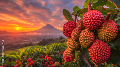 Fresh durian trees beautiful garden with beautiful sky, best quality food for export in Thailand High quality photo photo