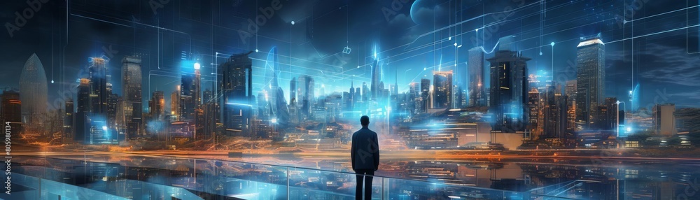 A businessman stands on a rooftop overlooking a futuristic city A businessman stands on a rooftop overlooking a futuristic city