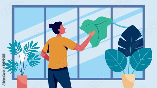 A person standing in front of a large window gently wiping the leaves of their monstera plant with a soft cloth..