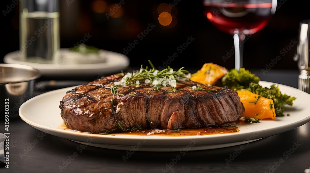 A delicious and juicy steak, cooked to perfection, is the star of the show