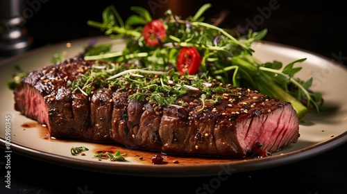A juicy and tender steak  cooked to perfection  is the star of the plate