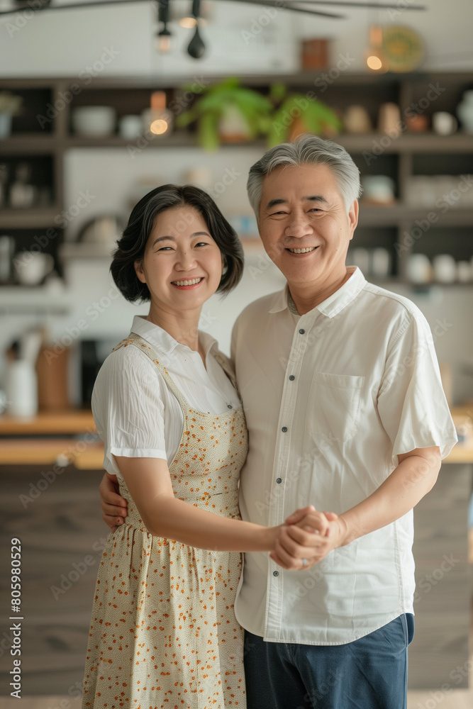 Joyful happy asian senior couple holding hands and dancing in the kitchen. love, aging retirement. High quality photo Joyful happy asian senior couple holding hands and dancing in the kitchen. love, aging retirement. High quality photo