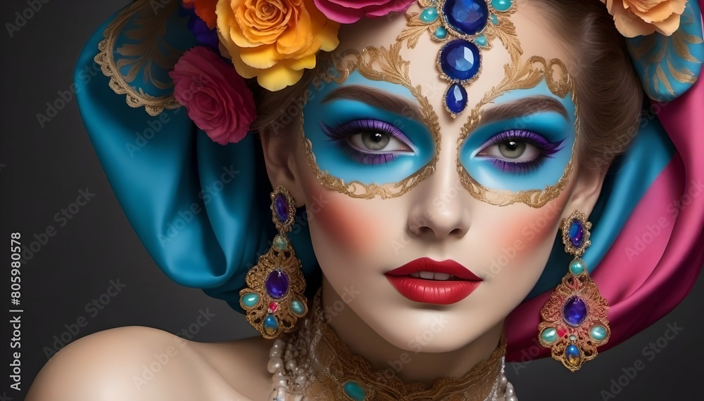 A woman with a colorful face paint and a head scarf -Baroque Style A woman with a colorful face paint and a head scarf -Baroque Style
