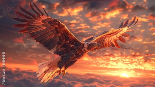 Capture the essence of a majestic eagle in flight, its wings spread wide, with a touch of vibrant sunset colors in a digital photorealistic style © Nawarit