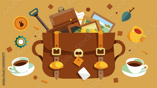 A tattered leather satchel bursting at the seams with mismatched antique tea cups rusted keys and yellowed photographs.. Vector illustration