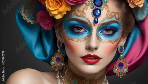 A woman with a colorful face paint and a head scarf -Baroque Style