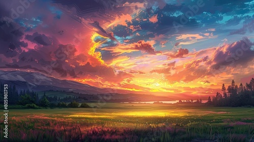 A vibrant sunset casting a warm glow over a tranquil countryside, a painting come to life in the evening sky.