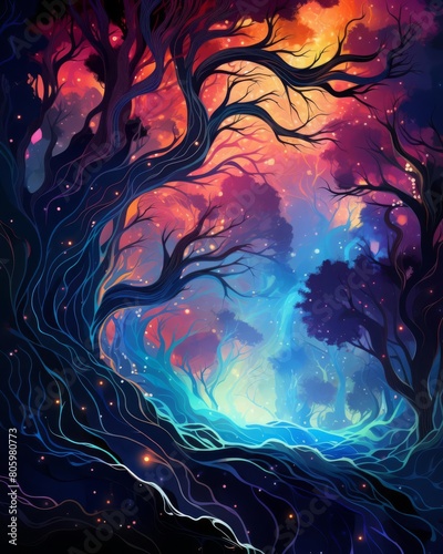 An ethereal dreamscape painting of a vibrant forest, alive with the colors of the aurora borealis