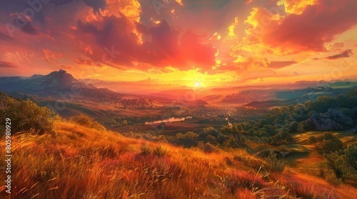 A vibrant sunset casting a warm glow over a tranquil countryside, a scene straight out of a postcard.