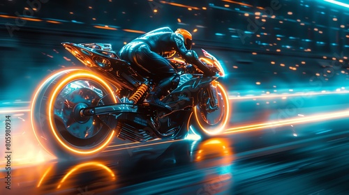 Capture the sleek movement of a futuristic motorcycle speeding away into the night, with glowing neon lights trailing behind in a mesmerizing slit-scan photograph © Nawarit