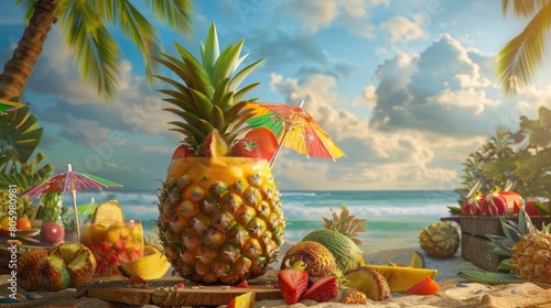 A vibrant tropical cocktail served in a hollowed-out pineapple, garnished with fresh fruit and umbrellas, transporting the viewer to a sun-drenched beach paradise.