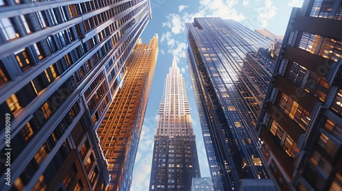 Capture the towering skyscrapers in a photorealistic digital rendering from a worms-eye view  showcasing their magnificent height and grandeur