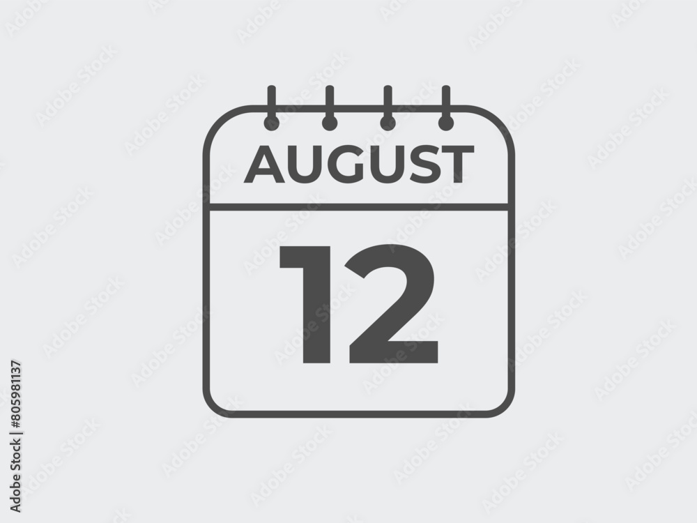 August 12 calendar reminder. 12 August daily calendar icon template. Calendar 12 August icon Design template. Vector illustration
August 12 calendar reminder. 12 August daily calendar icon template. Calendar 12 August icon Design template. Vector illustration