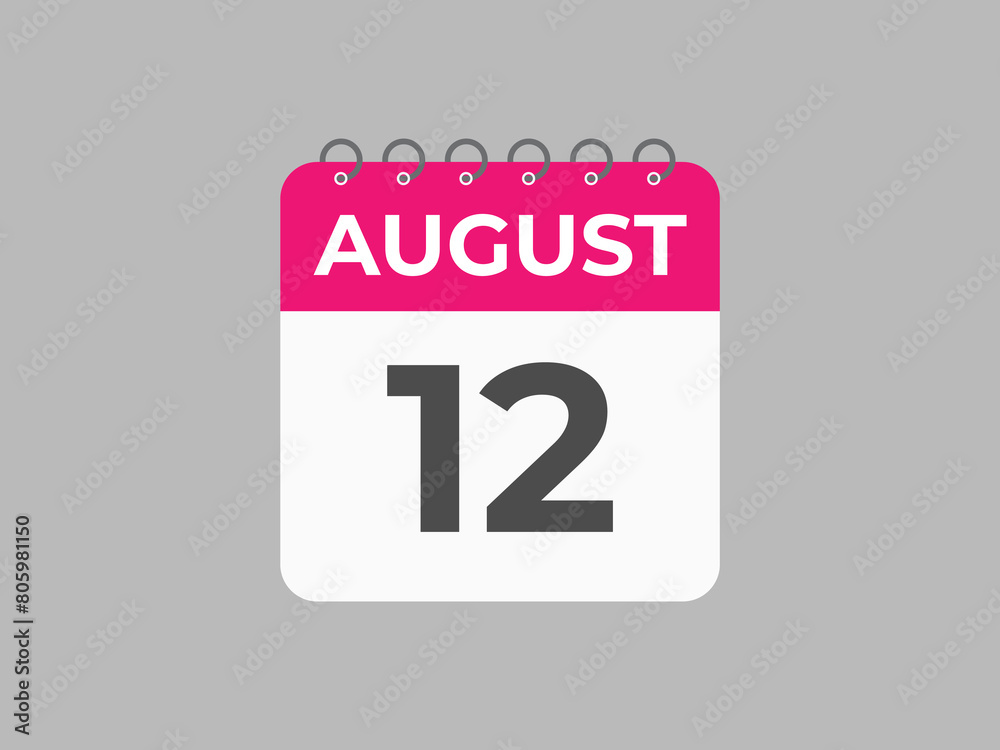 August 12 calendar reminder. 12 August daily calendar icon template. Calendar 12 August icon Design template. Vector illustration
August 12 calendar reminder. 12 August daily calendar icon template. Calendar 12 August icon Design template. Vector illustration