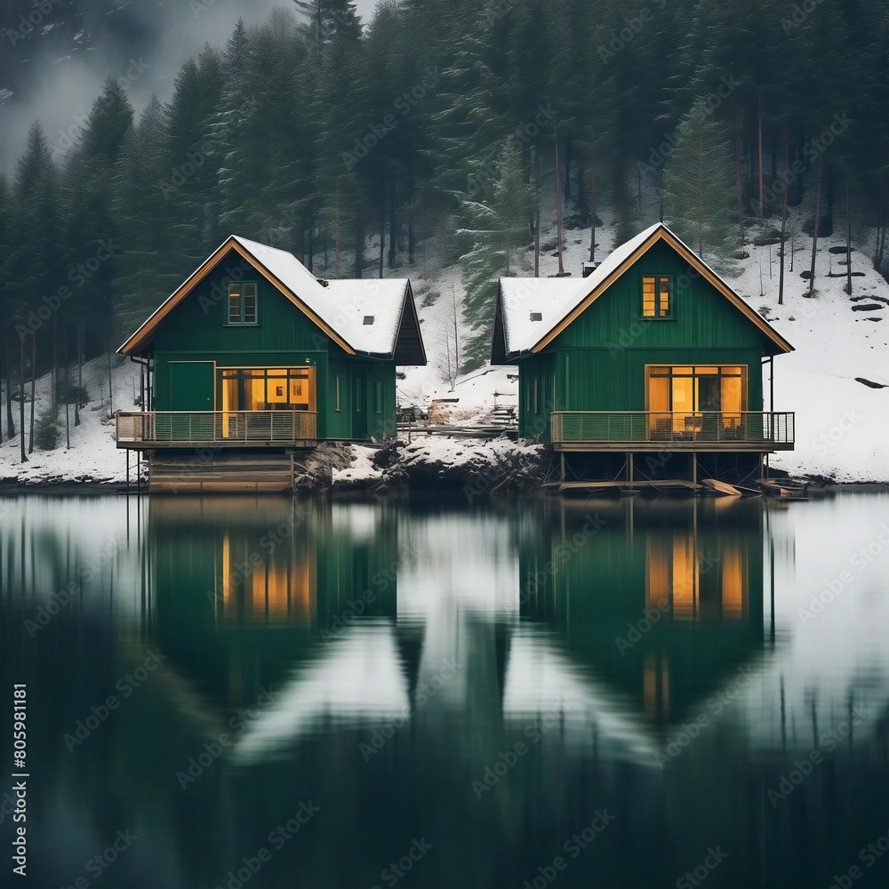 Two Green Cabins On A Lake In The Mountains 