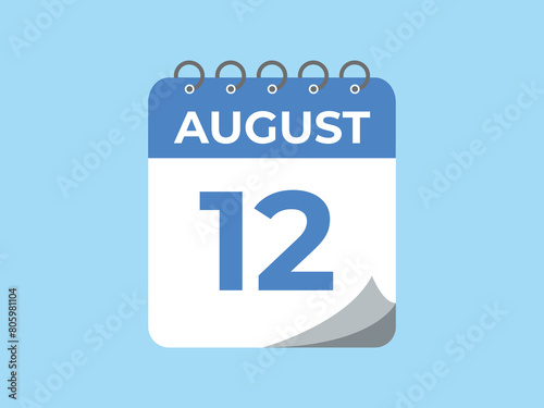 August 12 calendar reminder. 12 August daily calendar icon template. Calendar 12 August icon Design template. Vector illustration
