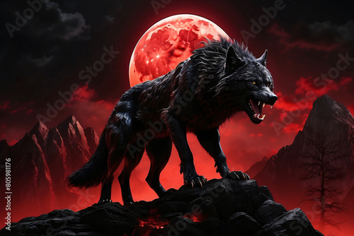 Fantasy of a wolf roaring at a red moon on a mountain