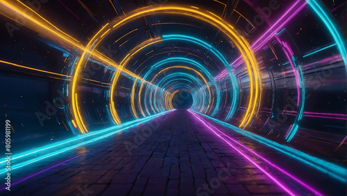 Step into Tomorrow, Abstract Futuristic Background Portal Tunnel with Vibrant Purple, Cyan, and Yellow Neon Moving High-Speed Wave Lines and Flare Lights