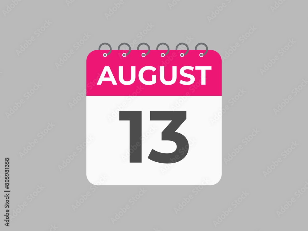 August 13 calendar reminder. 13 August daily calendar icon template. Calendar 13 August icon Design template. Vector illustration
