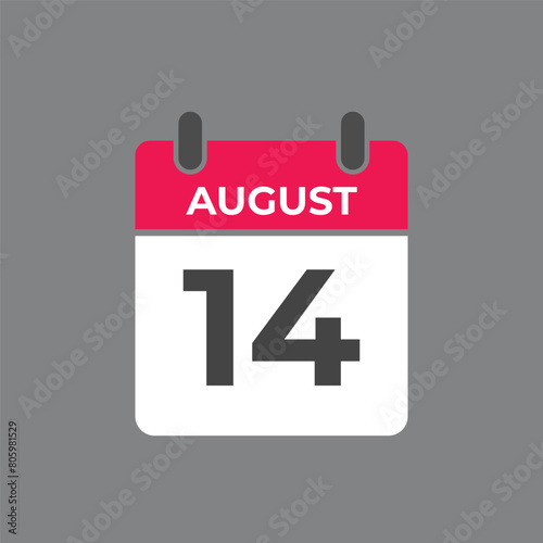 August 14 calendar reminder. 14 August daily calendar icon template. Calendar 14 August icon Design template. Vector illustration
