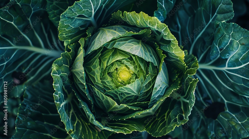 Fototapeta premium cabbage in the field top view, healthy diet, organic gardening