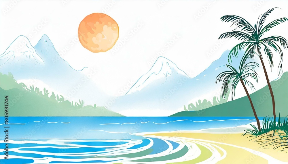 夏の香り、海の風、心地よい暑さ、自然のシルエットをシンプルに絵具で表現する  generated by AI