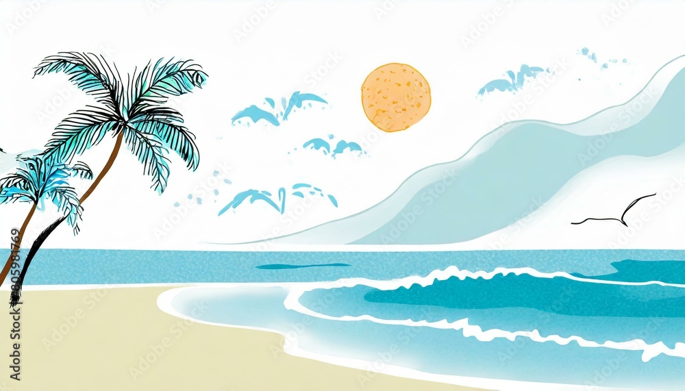 Obraz premium 夏の香り、海の風、心地よい暑さ、自然のシルエットをシンプルに絵具で表現する generated by AI