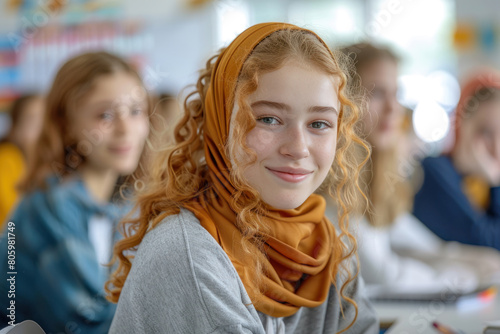 Wallpaper Mural A red-haired teenage girl in a scarf on her head, with a smile, sits in a classroom at the tables. Secondary education of children Torontodigital.ca