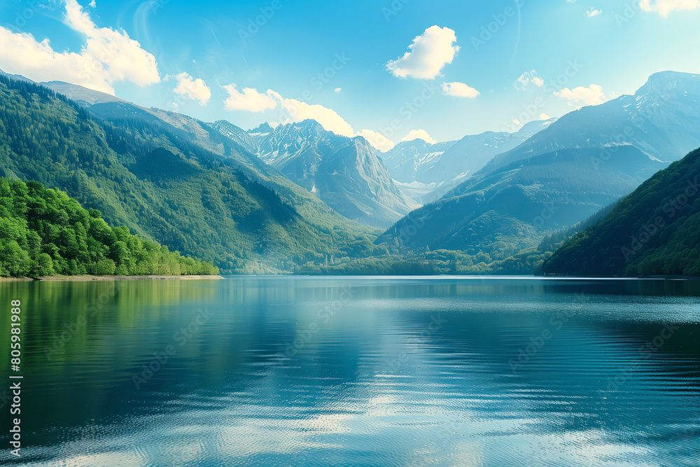 Tranquil mountain lake with lush green forests and snow-capped peaks under a clear blue sky.