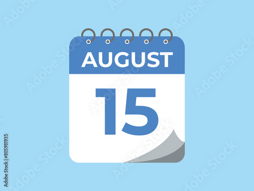 August 15 calendar reminder. 15 August daily calendar icon template. Calendar 15 August icon Design template. Vector illustration
