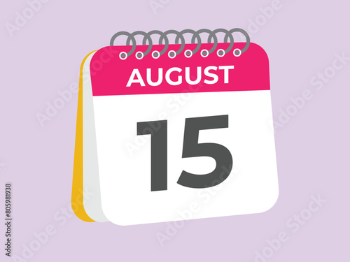 August 15 calendar reminder. 15 August daily calendar icon template. Calendar 15 August icon Design template. Vector illustration
