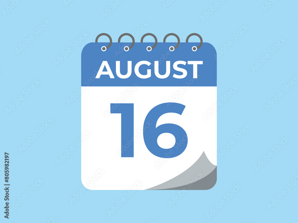 August 16 calendar reminder. 16 August daily calendar icon template. Calendar 16 August icon Design template. Vector illustration
August 16 calendar reminder. 16 August daily calendar icon template. Calendar 16 August icon Design template. Vector illustration