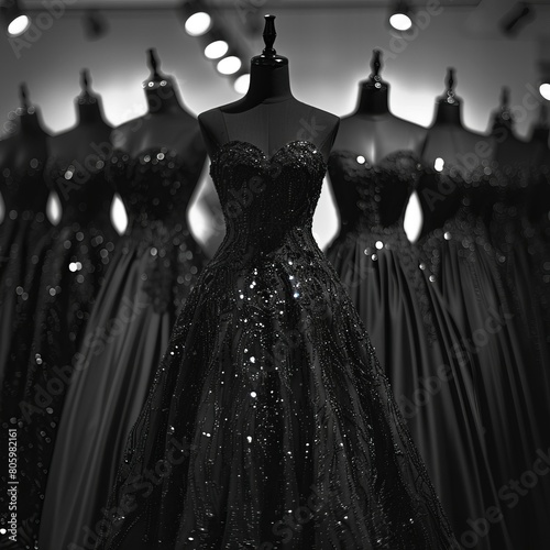 a mannequin in a shop with a beautiful black dress
