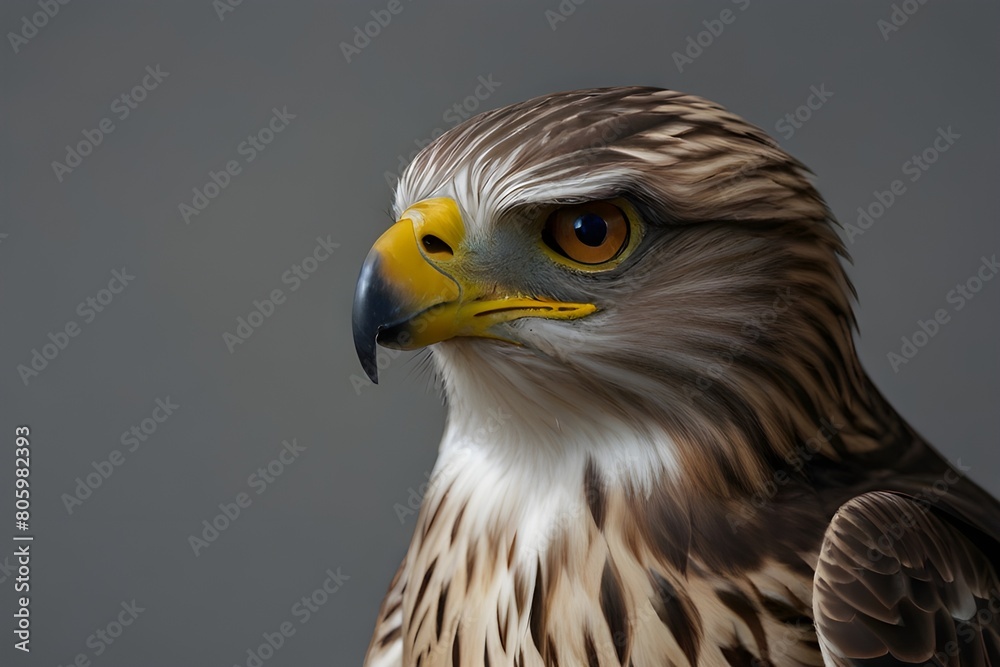 Close up of angry hawk isolated on gray.generative.ai Close up of angry hawk isolated on gray.generative.ai