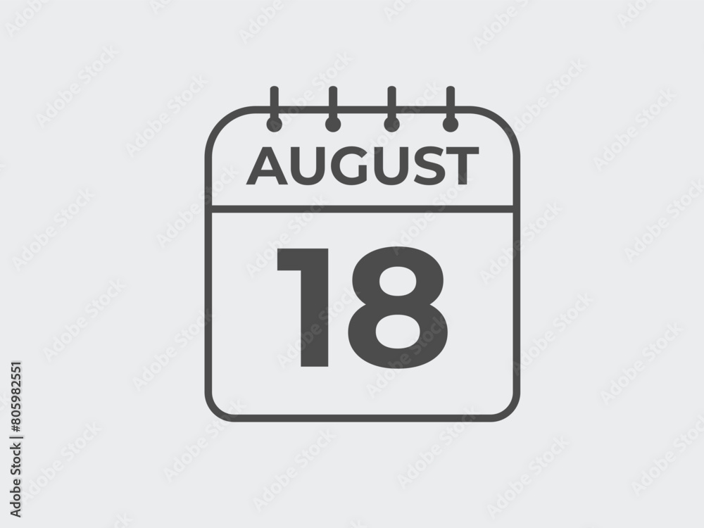 August 18 calendar reminder. 18 August daily calendar icon template. Calendar 18 August icon Design template. Vector illustration
August 18 calendar reminder. 18 August daily calendar icon template. Calendar 18 August icon Design template. Vector illustration