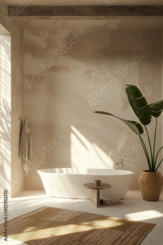 minimalistic white hotel bathtub with an exotic flower in a wicker pot against beige walls