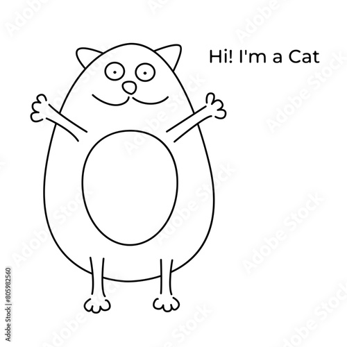 Outline drawing of cat. Vector illustration of animal. Simple sketch of pet. Black and white line art for kids. Coloring page and baby print. Hand drawn doodle style. Funny character.