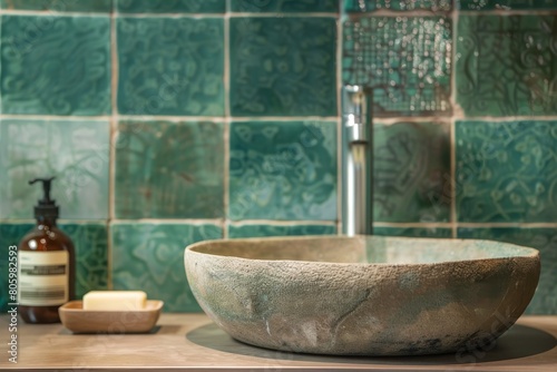round stone sink and faucet on a background of green tiles in the bathroom, fragment of bathroom interior design
