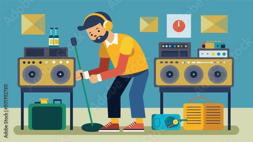 An audiophile meticulously cleaning and maintaining their prized collection of analog equipment treating it like a precious treasure. Vector illustration
