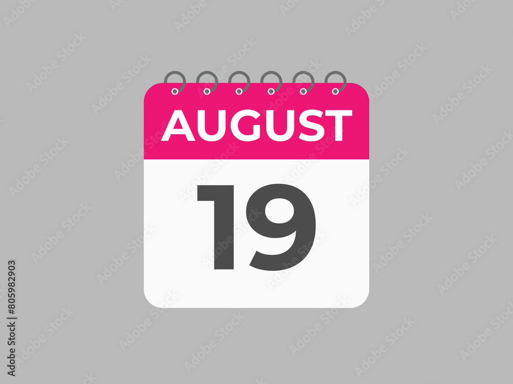 August 19 calendar reminder. 19 August daily calendar icon template. Calendar 19 August icon Design template. Vector illustration
August 19 calendar reminder. 19 August daily calendar icon template. Calendar 19 August icon Design template. Vector illustration