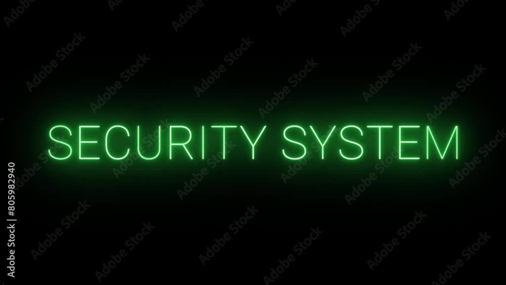 Flickering neon green glowing security system text animated on black background Flickering neon green glowing security system text animated on black background
