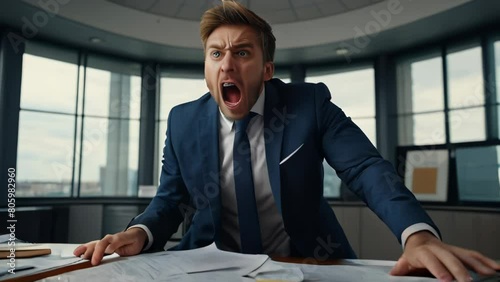 A screaming, frightened businessman in a suit is stressed and furious, with papers and documents flying around. Manager office worker experiencing problems with tax accounting photo