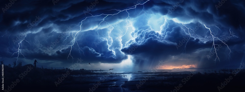 Storm cloud with thunder bolt at night day. Heavy storm bringing thunder and rain in summer.