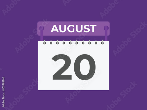 MobileAugust 20 calendar reminder. 20 August daily calendar icon template. Calendar 20 August icon Design template. Vector illustration
