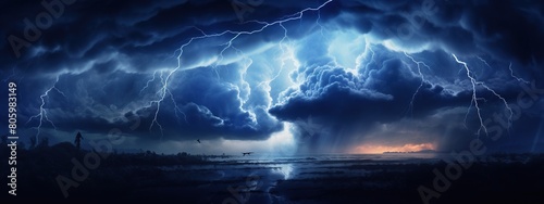 Storm cloud with thunder bolt at night day. Heavy storm bringing thunder and rain in summer.