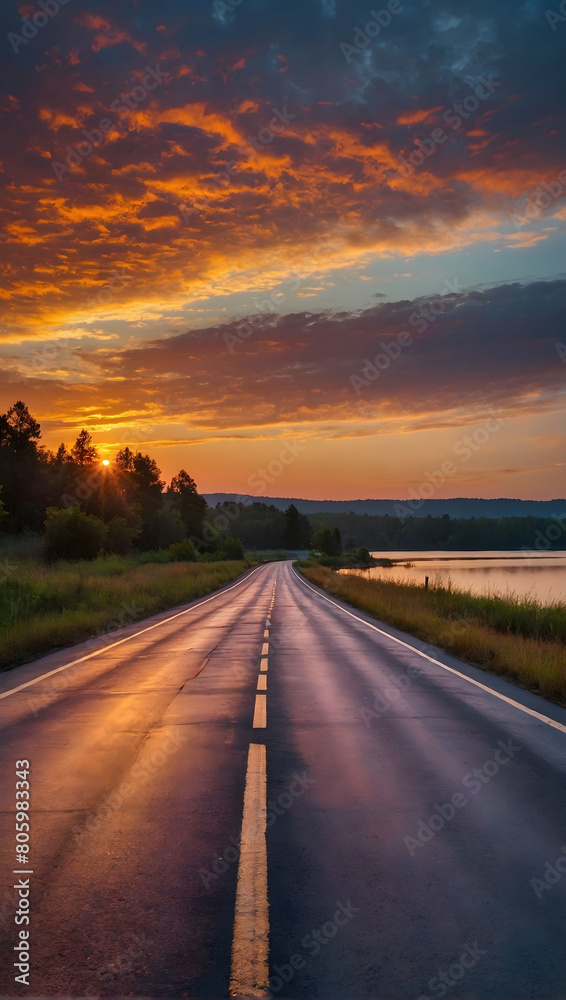 Sunset hues painting the sky as an empty road stretches towards a picturesque lake, setting the stage for an unforgettable adventure amidst stunning vistas.