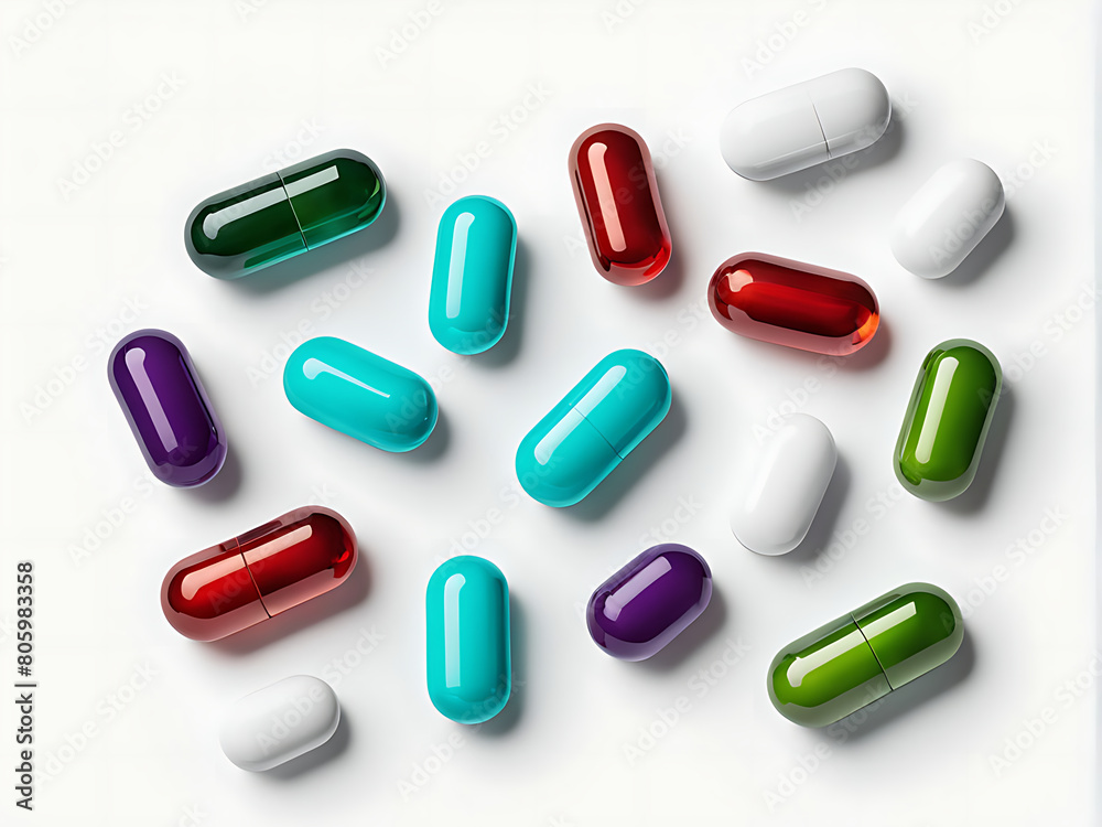 Assorted colorful medical pills on a white background isolated. Top view